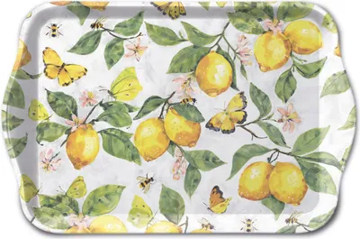 Produktbild von Tablett Melamin 21x13cm mit Zitronen & Schmetterling Motiv Weiß / Gelb