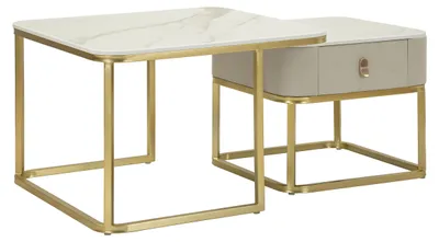Imagen del producto de Dos mesas de centro elegantes con superficie de imitación mármol y estructura dorada, diseño moderno y glamuroso para el salón – 1428810000