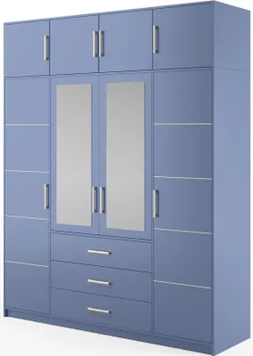 Produktbild von BETTSO Drehtürenschrank Kleiderschrank mit 4 Türen und 3 Schubladen Spiegel Garderobenschrank Garderobe BALI II D4+ VERLÄNGERUNG Blau