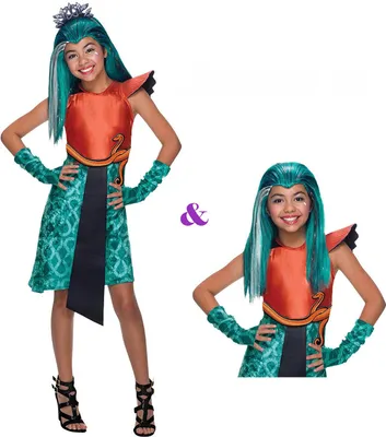 A collage of two images showing a girl wearing a Monster High Nefera De Nile costume.