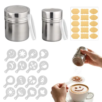 Produktbild von 2 Stück Kakaostreuer, Edelstahl Puderzuckerstreuer mit Frischhaltedeckel und Cappuccino Schablonen, Mehlstreuer für Cappuccino