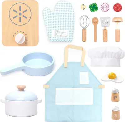 A collection of wooden toy kitchen items arranged on a white background.