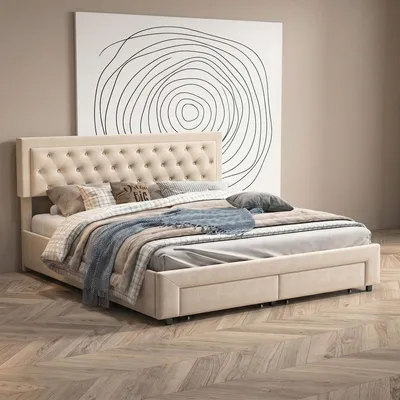 Image de Cadre de lit ProximaX en velours beige 160 x 200 cm avec rangement hydraulique, 2 tiroirs et tête de lit capitonnée