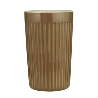 A single brown ceramic mug with vertical ridges, shown against a white background.