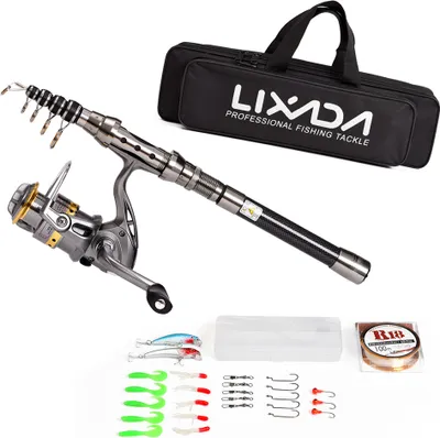 Produktbild von Lixada Teleskop Angelrute und Spule Combo Full Kit Spinning Angelrolle Gang Organizer Pole Set mit 100M Angelschnur Koeder Haken Jigkopf und Fischen Tragetasche Fall Angelzubehoer