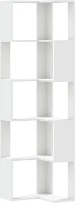 A white corner bookshelf with five shelves.