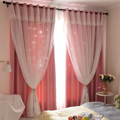 Produktbild von Famanu Gardinen Set 2 Stück - Mädchen Rosa mit Glänzenden Sternen und Transparentem Spitzenrand