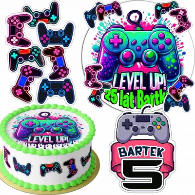 Obrázok produktu pre SADA OZDOB NA TORTU: 20 cm + 16 postavičiek - téma "Gamer", meno 15 cm, 18 cm