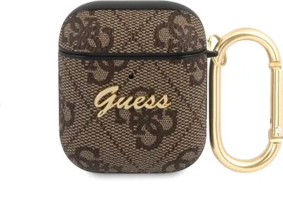 A close-up studio shot of a brown AirPods case with a gold carabiner clip.