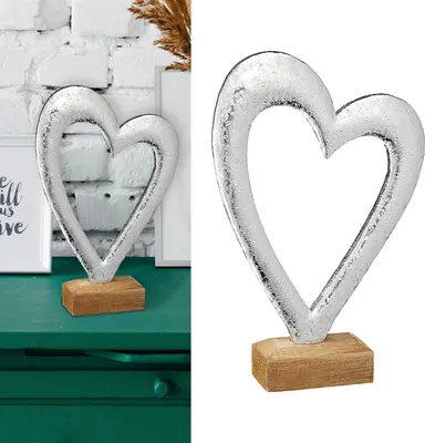 Produktbild von Dekoherz Herz Metalloptik in silber auf Holzsockel Skulptur Dekofigur
