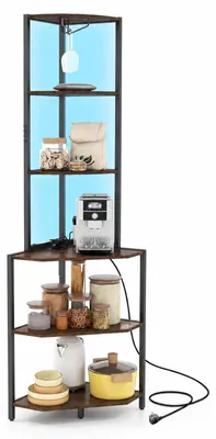 Productafbeelding van COSTWAY Hoekrek van hout met LED-verlichting en stopcontacten, boekenkast met 6 niveaus, glazenhouder en metalen frame, opslagrek, staand rek, 42x42x165 cm