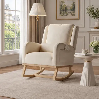 Image de Fauteuil berçant INONEFT, fauteuil de loisirs avec accoudoirs et dossier rembourré, fauteuil de salon avec coussin lombaire et deux poches, en lin, couleur beige