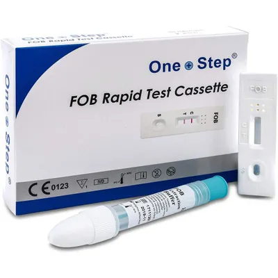 A product box and its contents for a rapid test cassette.