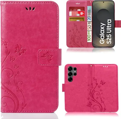 Produktbild von Handytasche für Samsung Galaxy S25 Ultra Schutz Hülle Handyhülle mit Blumenmuster Klapp Hülle mit Standfunktion und Kartenfächer Farbe: Pink