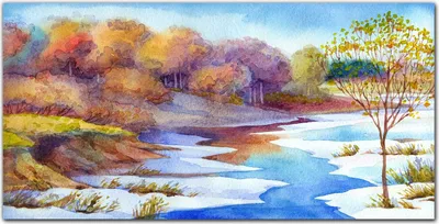 Produktbild von Coloray Küchenrückwand 120x60 Spritzschutz aus Glas - Aquarell Baum Fluss