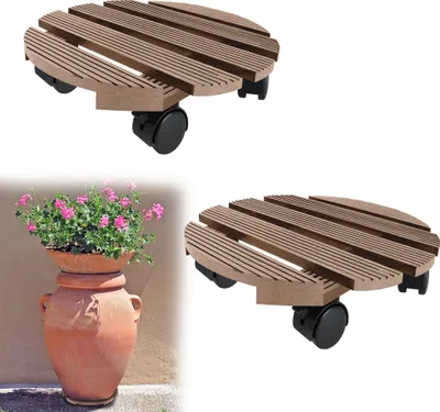 Produktbild von UISEBRT 2er WPC Pflanzenroller Rund Ø 300mm 100kg Rollbrett Pflanzen für außen & innenBlumenroller Blumentopf Untersetzer mit Rollen witterungsbestaendig Braun
