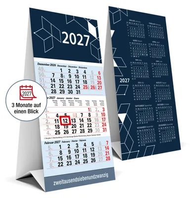 Produktbild von 3 Monatskalender 2027 Tischkalender zum Aufstellen - Datumsschieber, Kalenderwochen, Blau Büro