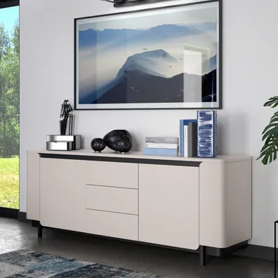 Produktbild von Forte VODOL Sideboard 200 210, modernes Sideboard mit 3 Schubladen, 2 Türen und abgerundetem Eckendesign, Holzwerkstoff, Kaschmir|Beige , 204,9 cm breit x 77,9 cm hoch x 44,8 cm tief