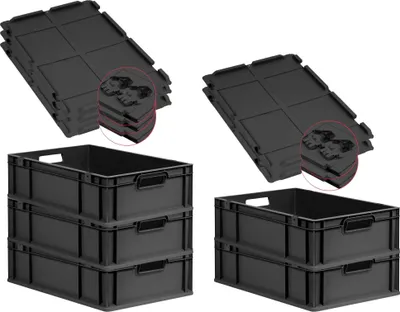 Produktbild von SuperSparSet 5x Eurobox NextGen Grip mit Scharnierdeckel und schwarzen Schiebeschnappverschlüssen | HxBxT 17x40x60cm | 34 Liter | Schwarz | Griffe offen | Eurobehälter, Transportbox, Transportbehälter, Stapelbehälter
