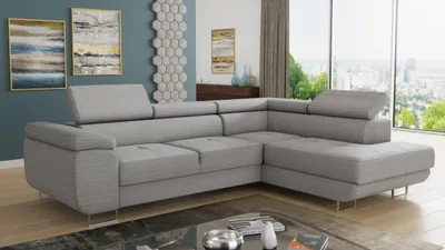 Produktbild von Ecksofa Caris mit Schlaffunktion und einstellbare Kopfstützen, Cord Stoff, Wohnlandschaft mit Bettkasten, Couch, Sofa, Bettsofa (Grau (Poso 110), Ecksofa Rechts)