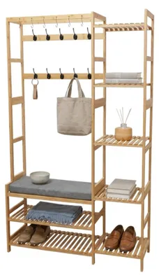 Immagine prodotto di Relaxdays: appendiabiti, panca, ripiano per scarpe, 15 ganci, 5 ripiani, 175x104x30 cm, bambù, appendiabiti, naturale