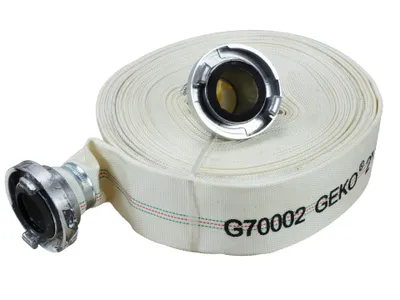 A coiled white hose with metal fittings on a white background.