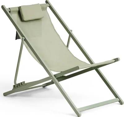 A green folding lounge chair with a headrest, shown against a white background.