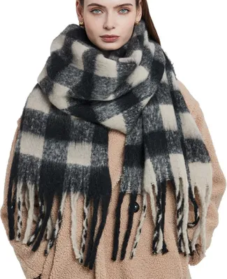 Produktbild von Schal - Großer Warmer Schal - Dick - Elegant - Modischer Schal - Damen - Winter - Halstuch - Kariert - Schwarz