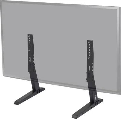 A TV stand base is shown from the back, attached to a TV screen.