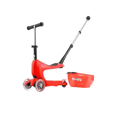 Produktbild von Micro Mini2go Deluxe Plus Dreirad Roller Rot, Lenker 49-68 cm, Sitz 20 kg, Fahrer 35 kg, LED, Stauraum