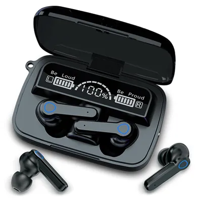 A pair of black wireless earbuds and their charging case are displayed on a white background.