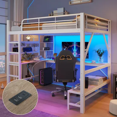 Imagen del producto de Cama alta Merax de 160 x 200 cm, cama con escritorio, barra LED, puerto USB tipo C, estantes, panel perforado, barandilla y escalera, color blanco