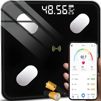 Produktbild von Körperfettwaage mit App LCD Digitale Personenwaage Smart Bluetooth Körperwaage für iOS & Android Digital Körperanalysewaage Waage BMI Schwarz Retoo