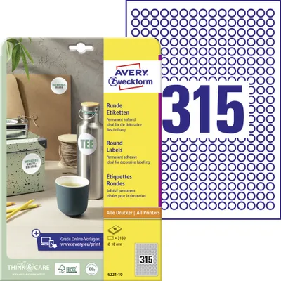 Produktbild von Avery Zweckform 6221-10 Runde Etiketten, A4, Ø 10 mm, weiß