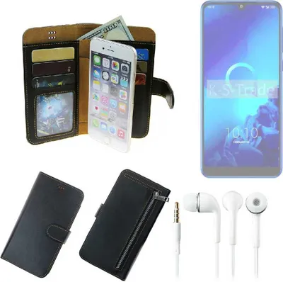 Produktbild von TOP SET Handy Hülle Schutz Hülle kompatibel mit Alcatel 3 (2019)  schwarz aus Kunstleder + Kopfhörer Smartphone Tasche vollwertige Geldbörse