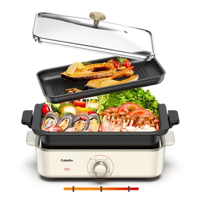 Produktbild von CalmDo Grillpfanne Elektrische Multifunktionspfanne 1400W 2 IN 1 Multifunctional Elektro Topf schnell Warm Tischgrill.