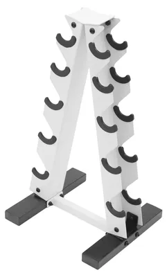 Produktbild von Kurzhantelständer Hantelablage - 5-stöckiges A-Rack - Für 5 Paar Hanteln - 100 kg Tragkraft - Stahl mit H-Fuß - Freistehend - 34×32×65 cm - Weiß