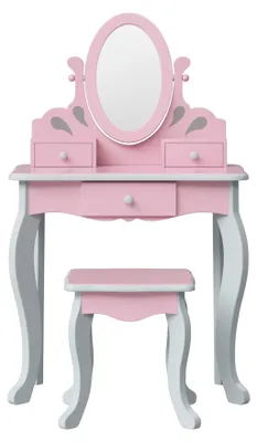 Produktbild von Teamson Kids Princess Rapunzel 2-tlg. Waschtisch-Set aus Holz mit drei Schubladen, drehbarem ovalem Spiegel und passendem Hocker, rosa/grau