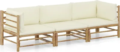Produktbild von 3-tlg. Garten-Lounge-Set mit Cremeweißen Kissen Bambus