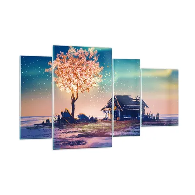 Produktbild von Bilder auf glas - Baum Haus Nacht Sterne - 120x70cm - Glasbilder - Wandbilder - Kunstdruck - zum Aufhängen bereit - Wanddekoration aus Glas - Glas Bilder - Wandbild auf Glas - 4 Teile - GDL120x70-2849