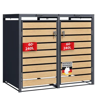 Produktbild von Mülltonnenbox Johan Anthrazitfarbene Mülltonnenverkleidung mit Holzdekor für 2 Tonnen