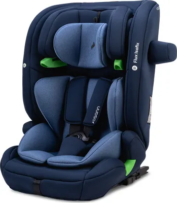 A studio shot of a navy blue child car seat.