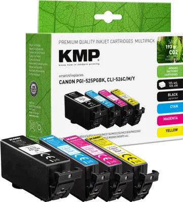 Obrázok produktu pre Čierna, azúrová, purpurová a žltá tlačová kazeta KMP kompatibilná s Canon PGI525PGBK, CLI526C/M/Y, sada 4 ks