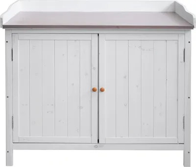 Produktbild von Gartenschrank mit Arbeitsplatte MCW-L69, Pflanztisch, Outdoor Tanne Holz MVG- 86x104x52cm weiß