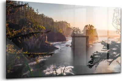 Obrázok produktu pre Obraz z tvrdeného skla - Maľovanie Stien - Temperované Sklo - 140x70 cm - Krajina so skalami pri západe slnka