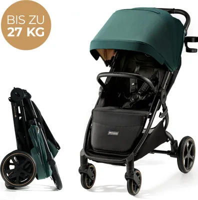 A green and black Kinderkraft MITZY buggy shown in both its open and folded states against a white background.