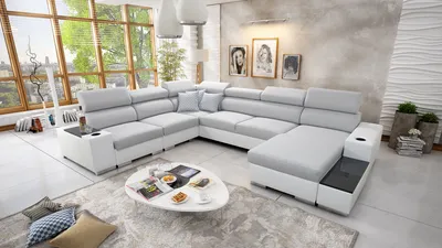 Produktbild von Wohnlandschaft in U-Form PERS VIII Ecksofa Rechts Eckcouch mit Schlaffunktion Grau Stoff LUXO 6601 + weißes Kunstleder