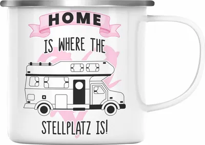 Produktbild von Trendation - Wohnwagen Camper Emaille Tasse Geschenke Wohnmobil für Männer Campingwagen Geschenkidee Zubehör Camping Opa Oma Rentner Lustig Grafik Home Is Where The Stellplatz Is (Silber)