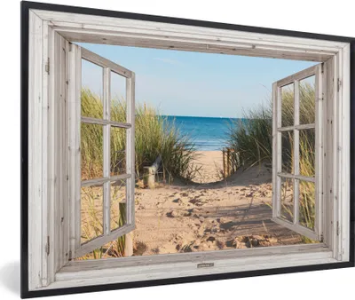 Produktbild von MuchoWow® Gerahmtes Poster Durchblick - Strand - Meer - Dünen - Sand - Wasser - Hochgras 60x40 cm - Poster mit Schwarzem Bilderrahmen Wandposter Rahmen Foto Bilder - Printing - Wanddeko Schlafzimmer