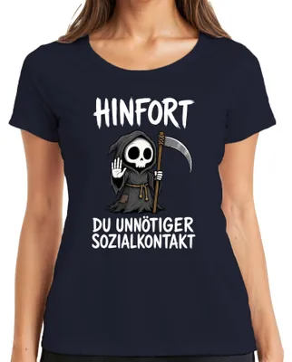 Produktbild von Hinfort Du Unnötiger Sozialkontakt Sensenmann Statement Sarkasmus Damen T-Shirt, Navy, 3XL